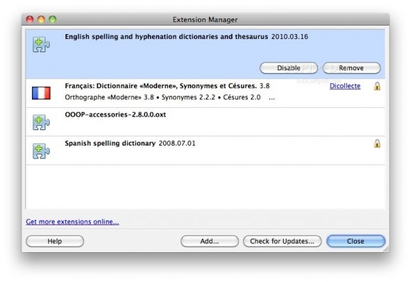 English spelling and hyphenation dictionaries and thesaurus screenshot