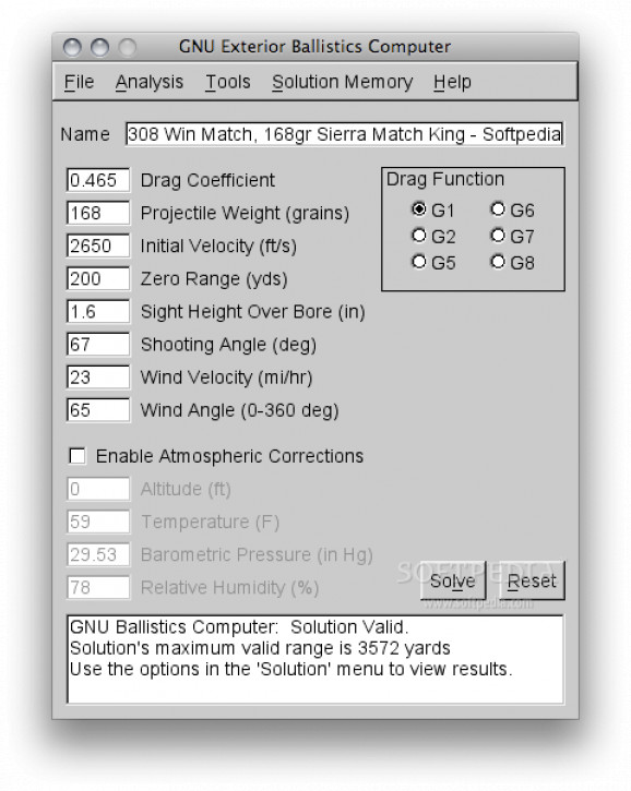 GNU Exterior Ballistics Computer screenshot