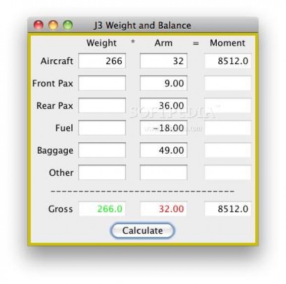 J-3 Cub Weight and Balance Calculator screenshot