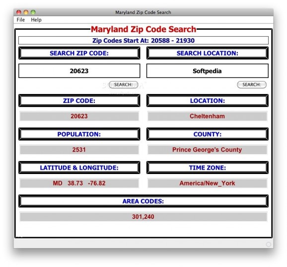 Maryland Zip Code Search screenshot
