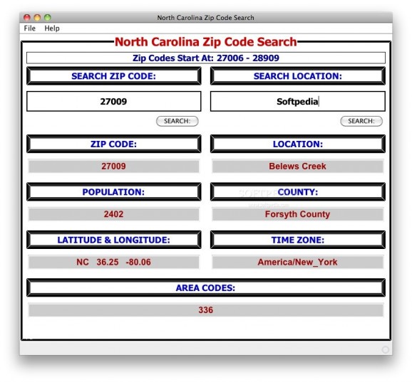 North Carolina Zip Code Search screenshot