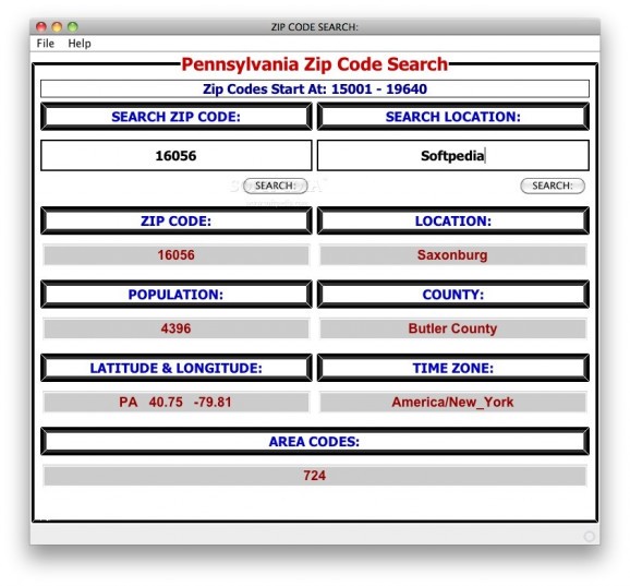 Pennsylvania Zip Code Search screenshot