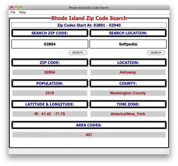 Rhode Island Zip Code Search screenshot