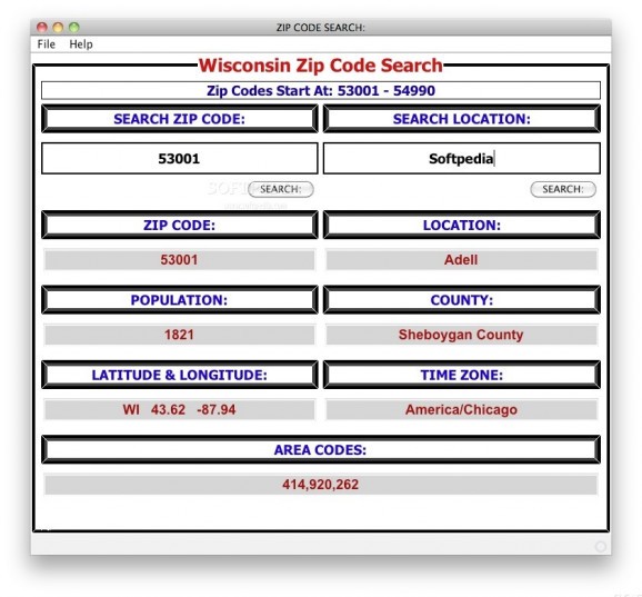 Wisconsin Zip Code Search screenshot